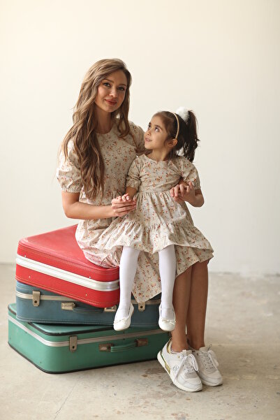 KÜÇÜĞÜM BUTİK Κρεμ-καφέ Floral Mother Daughter Combination (ΜΟΝΟ ΠΩΛΕΙΤΑΙ)