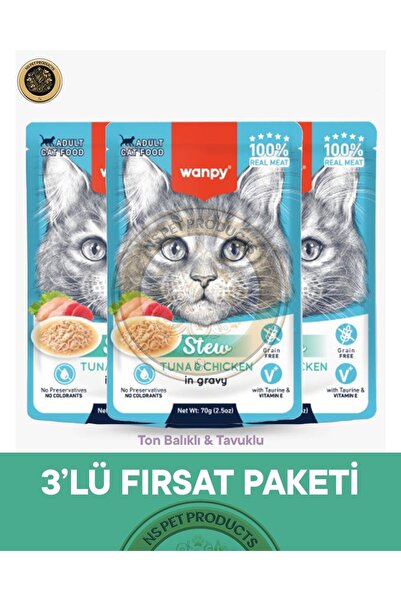 Wanpy Pouch Tavuk & Ton Balık Yetişkin Kedi Yaş Maması Seti 3x70 gr