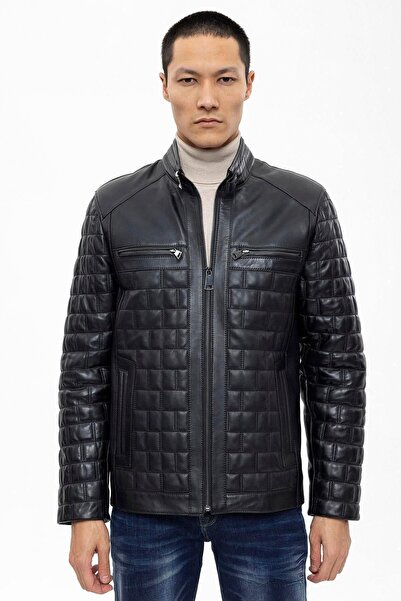 Deriderim Alfredo Siyah Fermuarlı Kapitone Dikişli Astarlı Erkek Hakiki Deri Mont