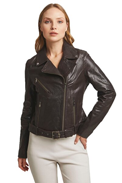 Deriderim Kahve Melody Fermuarlı Astarlı Biker Motorcu Beli Kemerli Kadın Hakiki Deri Mont