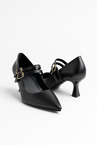 Nstil Black Pointed Toe Double Strap Evening Dress Buckle Thin Heeled Shoes 100