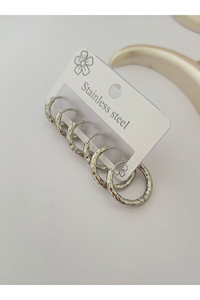 Goche Set of 3 Stainless Steel Patterned Hoop Earrings – Women's Minimal Elegant Model - High Quality