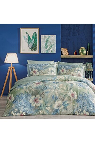 Linens Blue Laima Cotton Satin King Duvet Cover Set