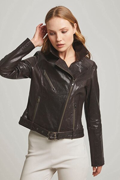 Deriderim Kahve Melody Fermuarlı Astarlı Biker Motorcu Beli Kemerli Kadın Hakiki Deri Mont