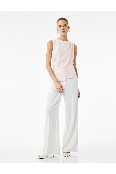 Koton Crepe Fabric Crew Neck Sleeveless Asymmetrical Blouse with Slit Detail