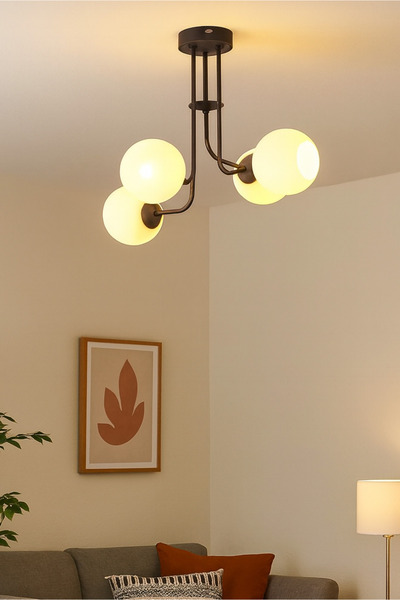 Modavize Elif Modern Tasarım Salon Yemek Odası Mutfak Siyah Renk Beyaz Camlı Sarkıt 4 Lü Avize