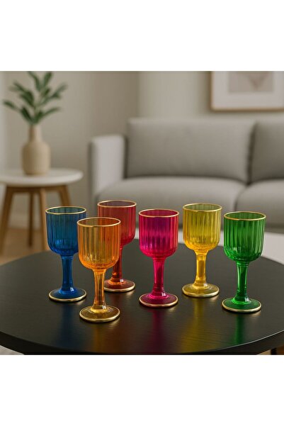 YzHome 6 Lı Cam Yaldızlı Renkli Kahve Yanı Su Bardağı Kadeh Kupa Bardak 75ml