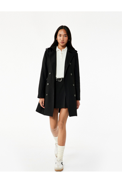 Koton Viscose Blended Long Sleeve Belted Double Breasted Trench Coat