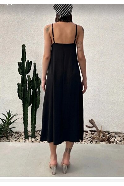 MOLLYMORE Kadın Siyah Aerobin Kumaş Ayarlanabilir Askılı Uzun Siyah Elbise