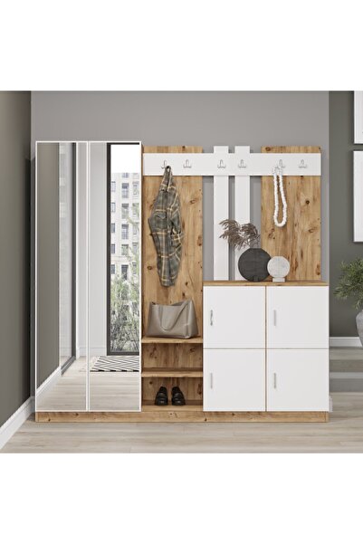 Yurupa Deep Aynalı Vestiyer Portmanto Ayakkabılık Raflı 6 Kapaklı Çam-Beyaz D...