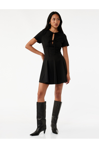 Koton Round Neck Bow Tie-Up Short Sleeve Mini Flared Dress