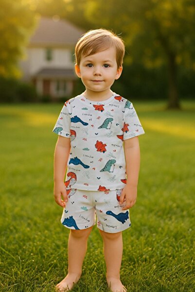 LUESS Erkek Çocuk %100 Pamuk Renkli Dinazor Şortlu Pijama Takımı (3-4 Yaş 8-9...