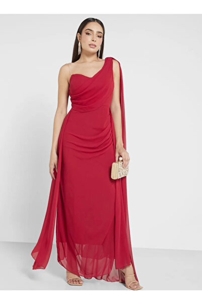 Daxe Textile Tek Omuzlu Kuyruk Detaylı Yırtmaçlı Şifon Elbise