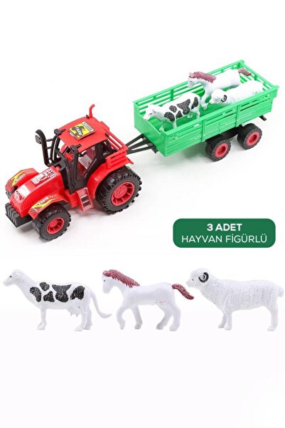 MUJGAN Römorklu Traktör Ve 3 Adet Hayvan Figürlü Oyuncak Seti