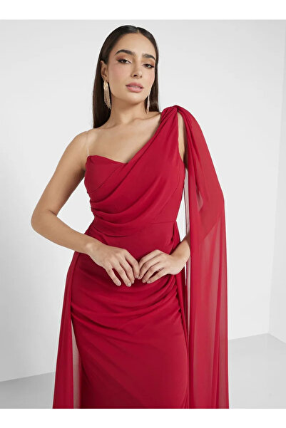 Daxe Textile Tek Omuzlu Kuyruk Detaylı Yırtmaçlı Şifon Elbise
