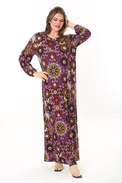 Şans Rochie lungă maxi cu mânecă lungă, cu șireturi, cu guler prune, pentru femei 65N37866