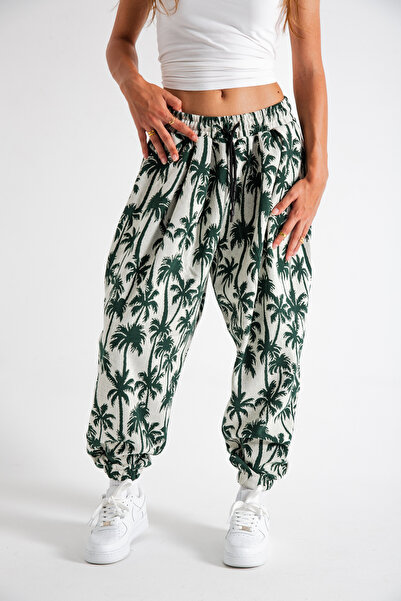 SUPERBLUE Women's Palm Patterned Pleated Baggy Trousers