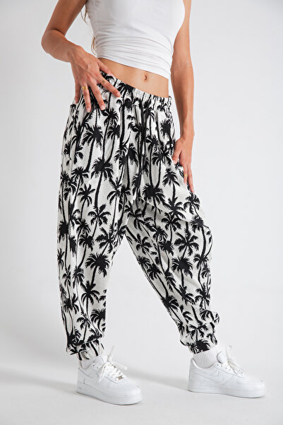 SUPERBLUE Women's Palm Patterned Pleated Baggy Trousers