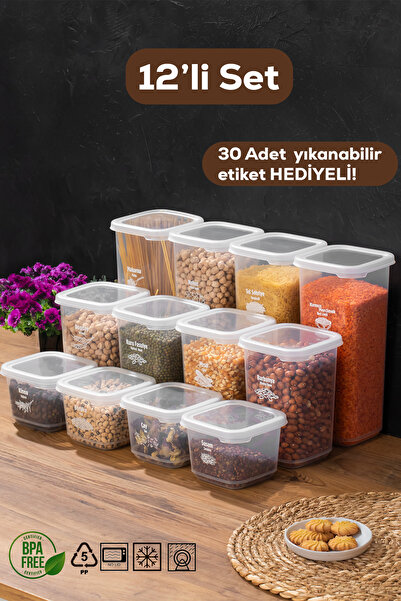 Porsima 1176 12'li Etiketli Renkli Kapaklı Gıda Kavanoz Saklama Kabı Seti Erz...