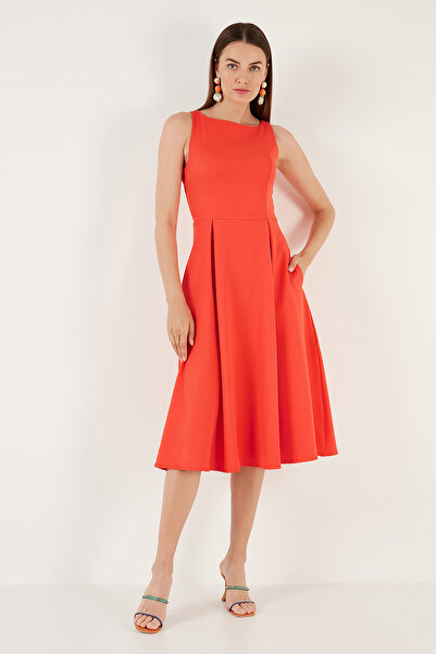 Lela Bisiklet Yaka Regular Fit Cepli Pileli Midi Elbise Elbise 6051963