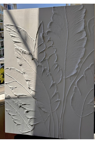 Home Dekoratif Kabartma Yaprak Tablo - 3D Beyaz Minimalist Duvar Dekoru, Modern ve Şık Ev Aksesuarı