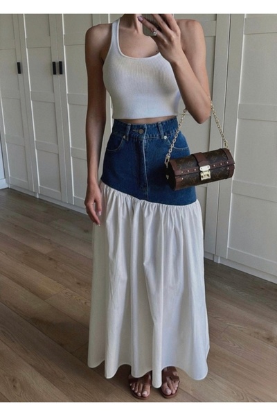 BRTC design Fusta lungă de designer din popelin cu detalii din denim albastru și alb pentru femei