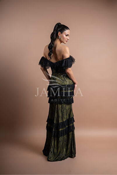 Lovely Dress Haki Dantel Detaylı Volanlı Abiye Elbise