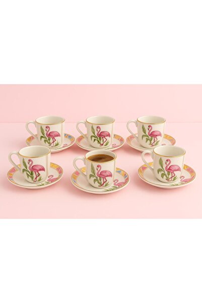 Noah Exclusive 6 KISILIK PORSELEN KAHVE FINCAN TAKIMI-FLAMINGO DESEN-KAHVE FI...