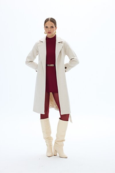 SevdeUgur Kadın Krem Kuşaklı Kaşe Kaban / Collection