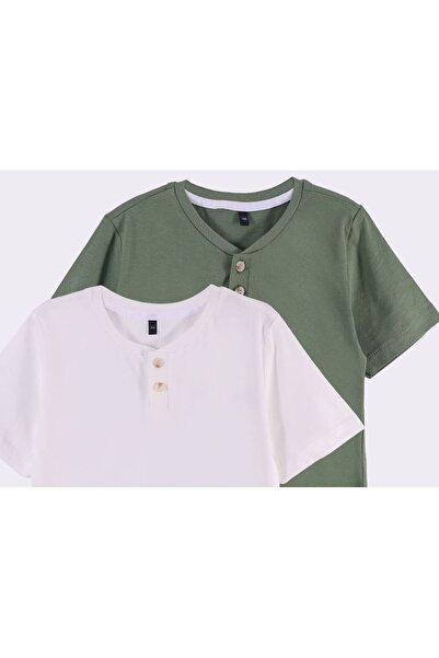 Pollito Boys' Button Collar Short Sleeve T-Shirt Set of 2 Khaki-White