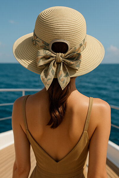 LAGRANZE Pălărie de plajă cu boruri largi de vară din paie cu eșarfă pentru femei