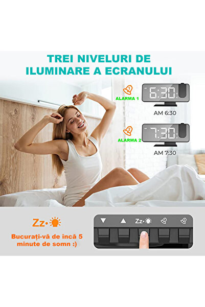 Unified Studios LED Digital Clock with Ceiling Projection, Mirror Style, Alarm, USB Phone Charging, Black