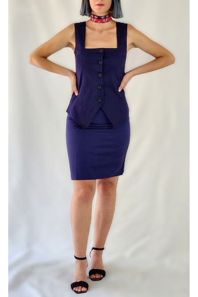 YAXİ Square Collar Unlined Navy Blue Woven Vest