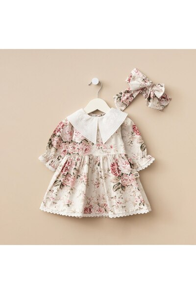 Minimus Newborn Baby Girl Daisy Cotton Dress Triangle Collar Guipure Woven Baby Dress Set with Hairband