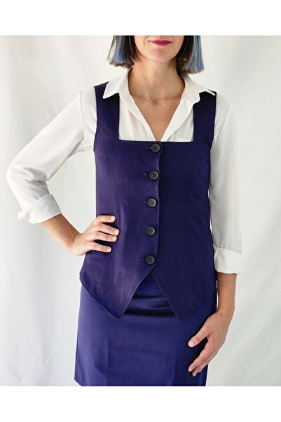 YAXİ Square Collar Unlined Navy Blue Woven Vest