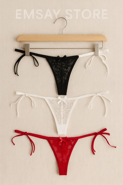 Emsay Store Romantic Series Adjustable Plus Size Sexy String Panties with Lace-Bow Set of 3