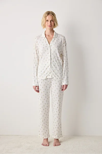 Penti Aging Collegen Floral Off-White Shirt Pants Pyjama-Set