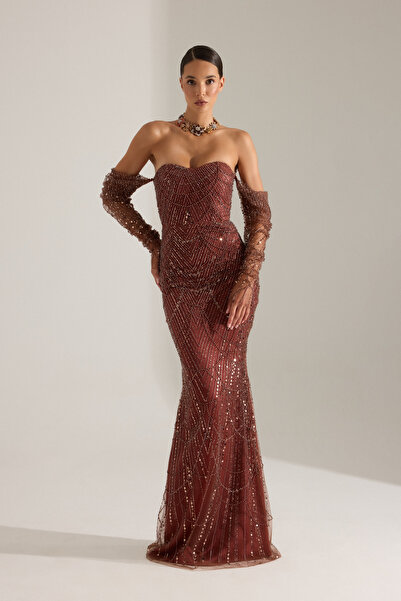 BETTY & SAM Lineta Boncuk KAHVE Gece Elbisesi