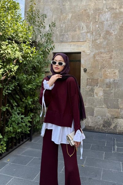 Hazamoda Turuva Gömlek Detaylı Triko Takım Bordo