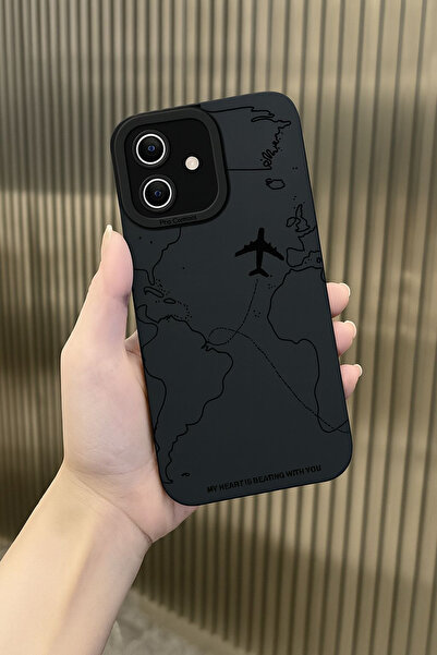 KVK PRİVACY İphone 12 Uyumlu Kılıf Mat Siyah Harita Desenli Darbelere Dayanık...