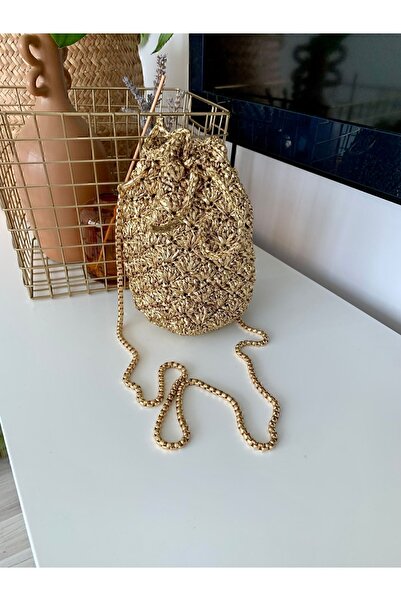 Fazeka Hasır Çanta,metalik Ipten Çanta,örgü Çanta,çapraz Çanta, Gold Renk