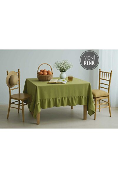 HOME ART ATELIER hand made Yeşil Premium Keten Fırfırlı Naturel Vintage PREMİUM Keten Masa Örtüsü / Koltuk Örtüsü