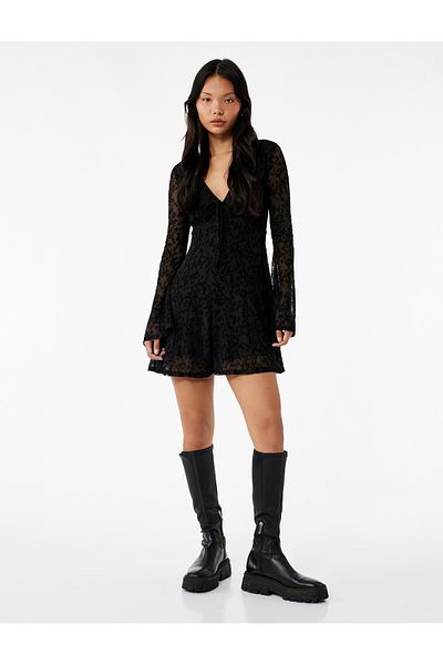 Koton Long Sleeve V Neck Tie Detail Jumpsuit