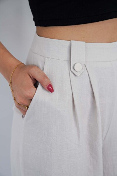 polle Ψηλόμεσο πέτρινο λινό παντελόνι Palazzo - με κουμπιά