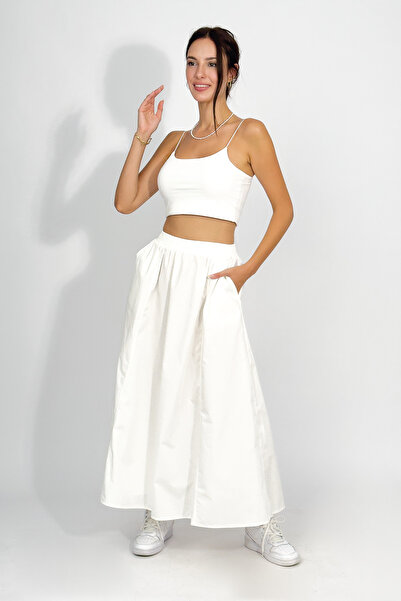 Betimoda Poplin Elastic Waist Pocket Long Skirt Ecru