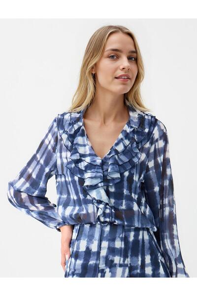 Jimmy Key Navy Blue V-Neck Long Sleeve Patterned Woven Blouse