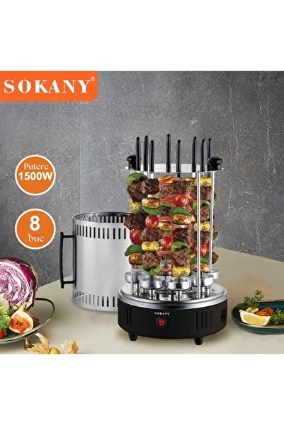 SOKANY Skewer maker 1500W, 8 non-stick skewers, automatic 360° rotation, smokeless, gray/black