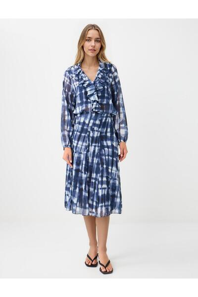 Jimmy Key Navy Blue V-Neck Long Sleeve Patterned Woven Blouse