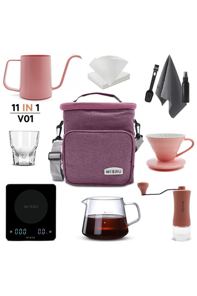 MIBRU طقم قهوة V60 بالتنقيط مكون من 11 قطعة، غلاية يدوية، مطحنة، فلتر، طقم باريستا، لون وردي