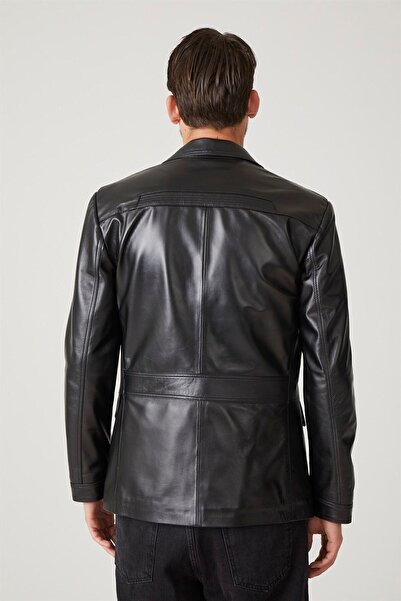 Deriderim Men's Genuine Leather Black Jacket - Button Closure, Bag Pocket and Waist Fitted Lining